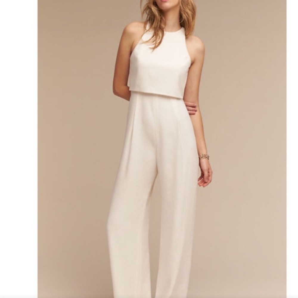 Jill Stuart BHLDN Gabby crepe jumpsuit Ivory/White wedding outfit rehearsal